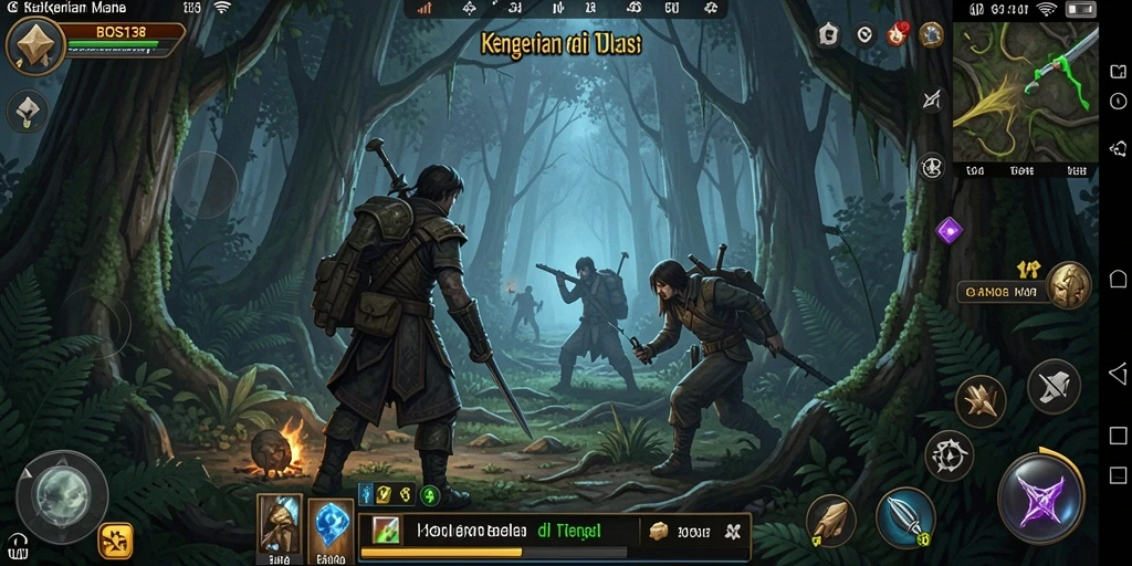 Tangkapan layar gameplay BOS138 yang menampilkan kengerian di hutan malam.