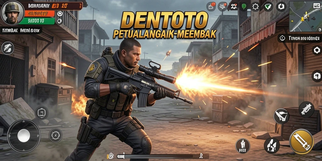 Screenshot DENTOTO menampilkan aksi seru dalam permainan tembak-menembak.