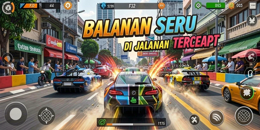 Screenshot F32 menampilkan mobil balap melaju cepat di trek yang menantang.