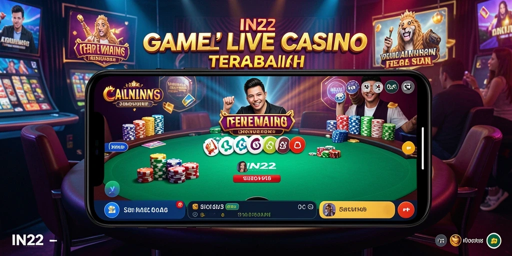 Screenshot IN22 menampilkan dealer cantik dan atmosfer permainan Live Casino yang mengasyikkan.