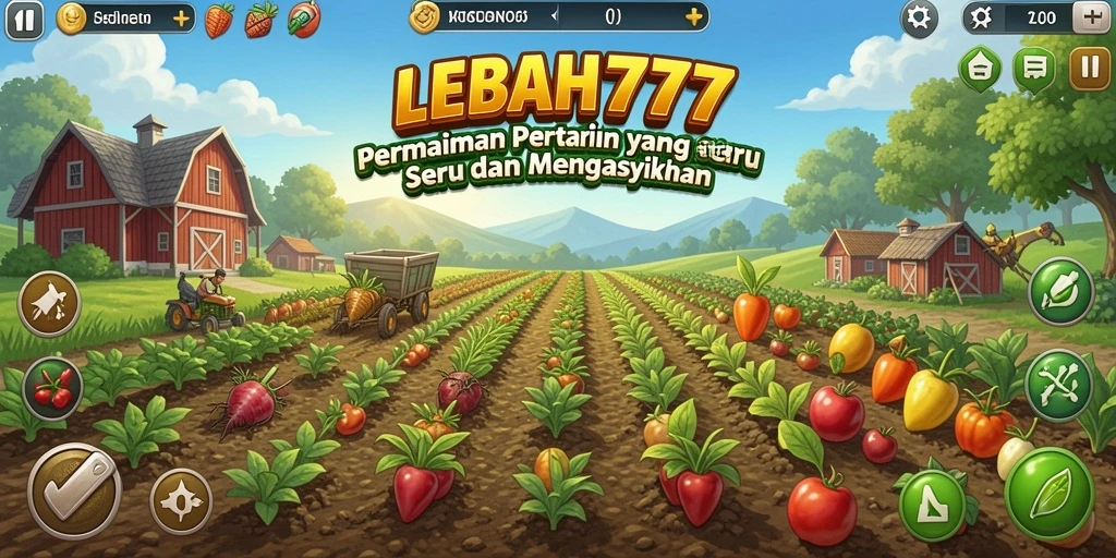 Tampilan dinamis gameplay LEBAH777 dengan kebun yang subur dan hewan ternak.