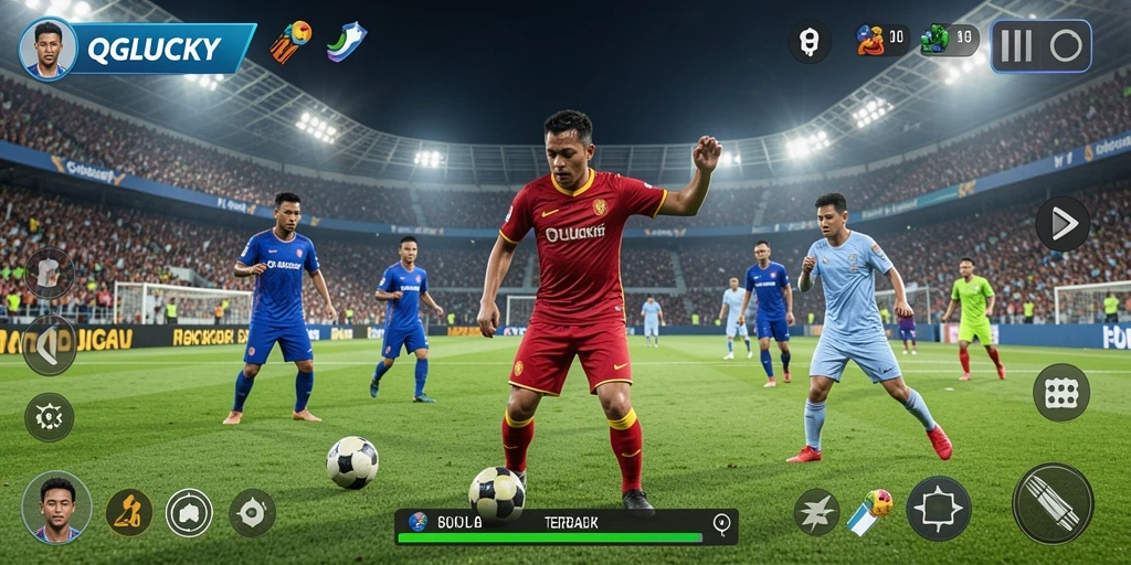 Tangkapan layar QGLUCKY menampilkan aksi seru di lapangan sepak bola.