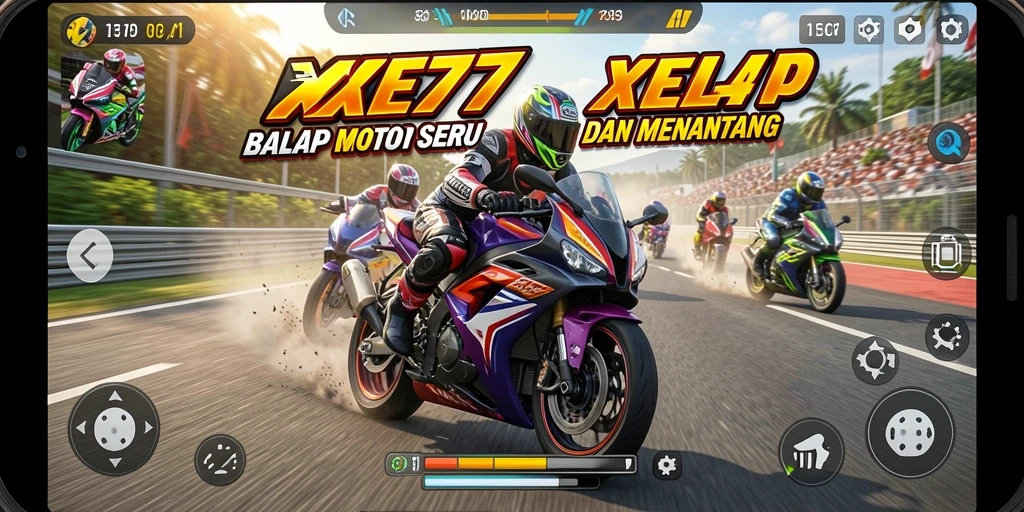 Screenshot gameplay XE77 menampilkan balapan motor yang mendebarkan di trek balap.