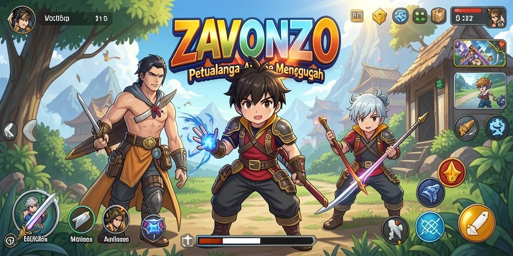Screenshot utama ZAVONZO menampilkan pertarungan mendebarkan dalam gaya anime.